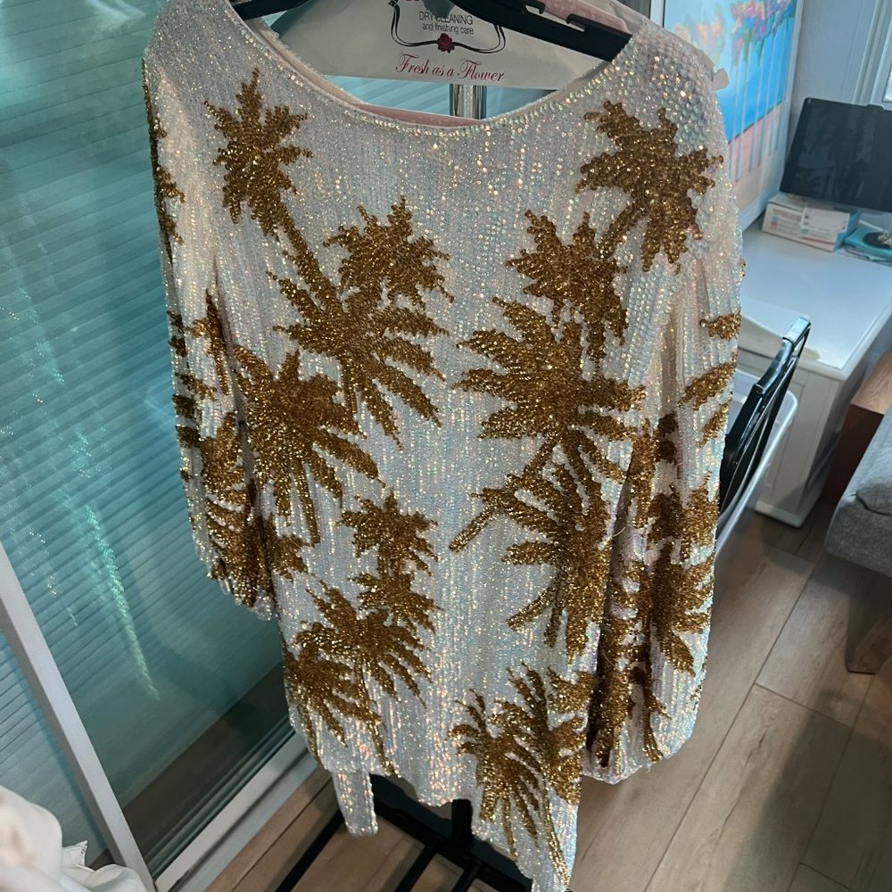 Retrofete Grace Palm Tree Sequin Dress (with sash) ~ beach tropical cocktail - Picture 3 of 5